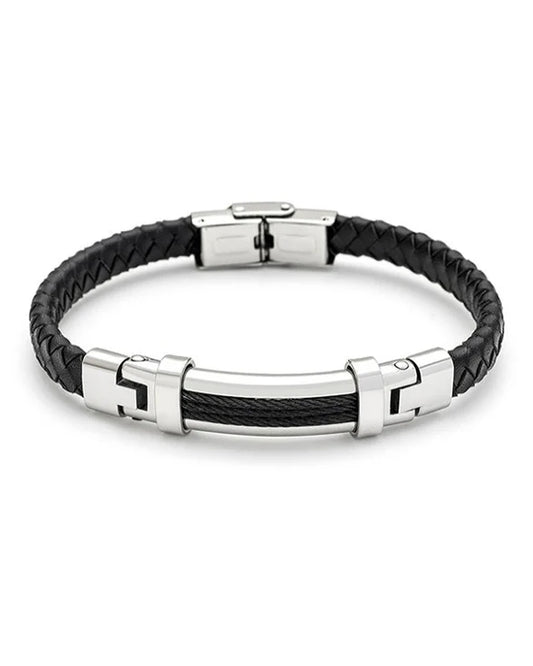 Men's Republic Black Leather Bracelet with Stainless Steel